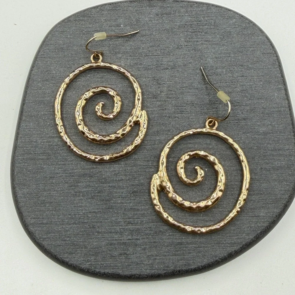 Gold Tone Hammered Spiral Dangle Earrings Large Swirl Boho Statement Jewelry